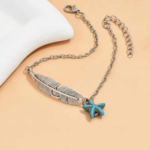 Boho Feather and Turquoise Hanging Star Charm Anklet - Picture 3 of 5